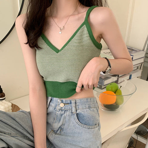 キャミソール ボーダー柄 ショート丈 レディース タンクトップ へそ出し サマーニット ノースリーブ インナー 重ね着 ニットトップス かわいい ニットキャミ 80XINSIYA-004